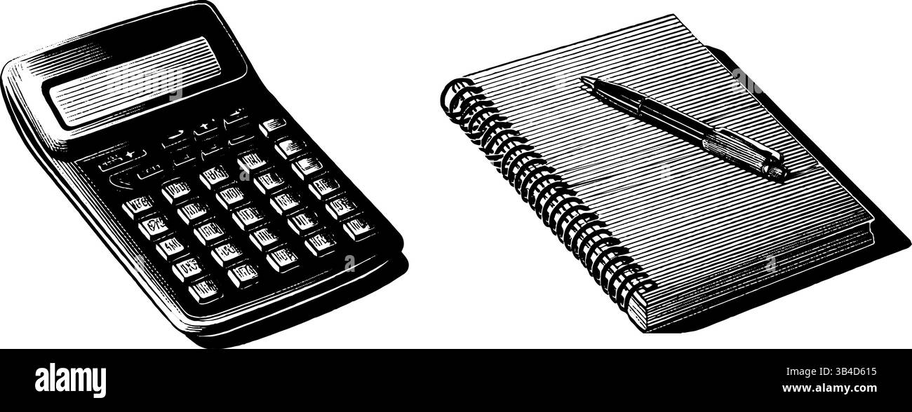 Illustration gravée vintage de la calculatrice et du cahier pour la conception de bureau et d'étude. Illustration de Vecteur
