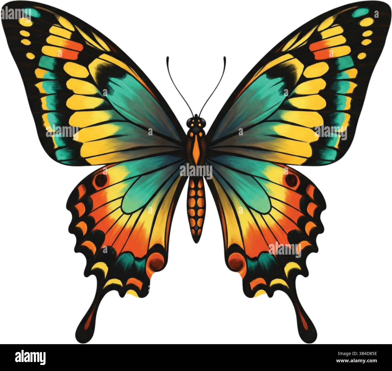 Papillon de style monarque frappant avec des ailes orange vives, jaunes et sarcelle, bords noirs Illustration de Vecteur