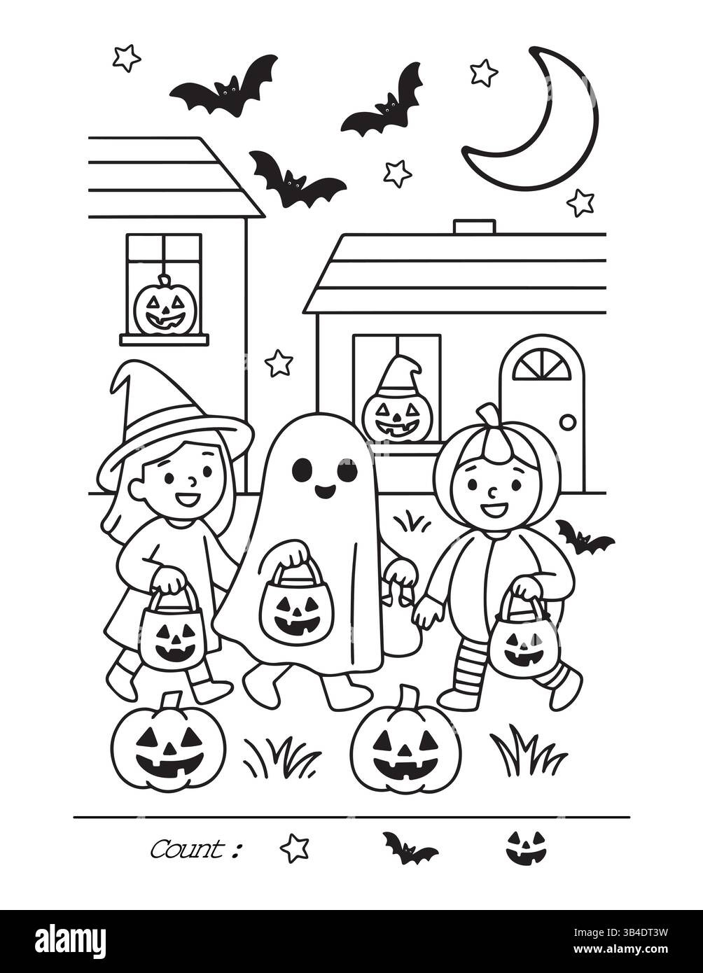 Coloriage imprimable d'Halloween pour les enfants, activité préscolaire ou maternelle, plaisir de salle d'attente. Illustration vectorielle Illustration de Vecteur