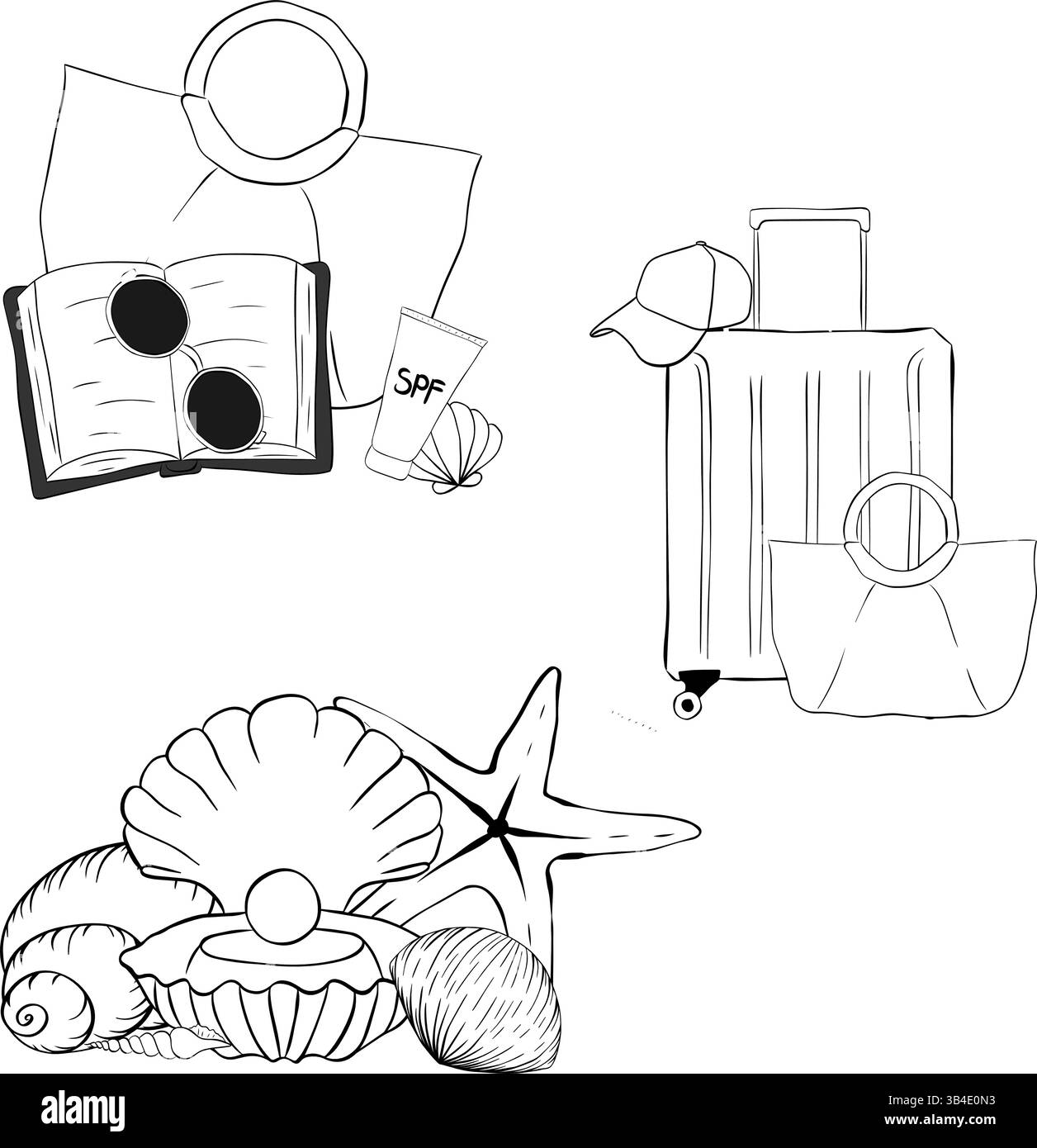 Ensemble de composition essentiels de plage. Encre de ligne graphique vectorielle isolée. mauvais avec livre, lunettes de soleil, coquillages, valise et casquette. illustration de l'emballage, Illustration de Vecteur