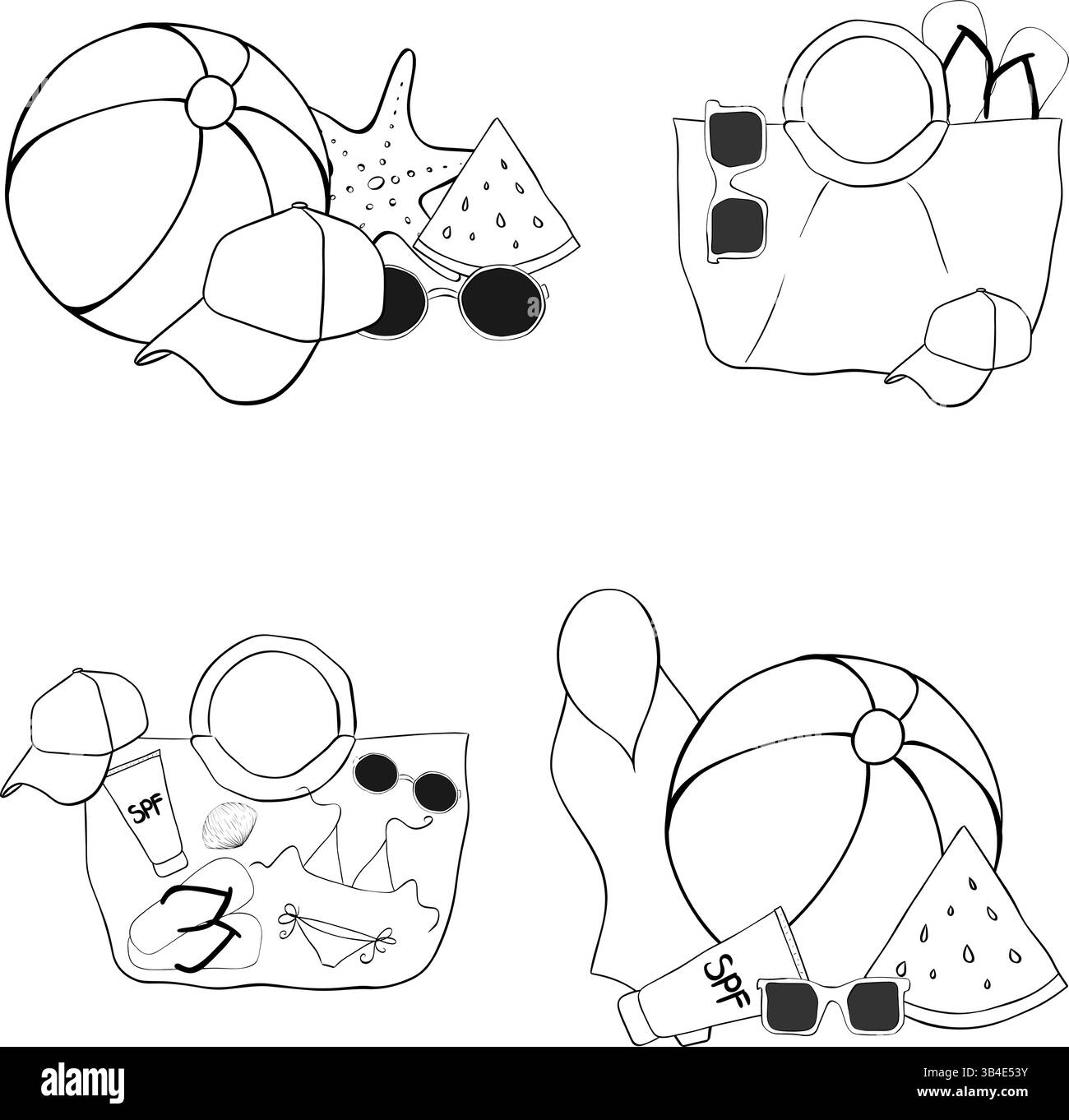 Ensemble de composition essentiels de plage. Encre de ligne graphique vectorielle isolée. ballon de plage, casquette, sac, lunettes de soleil, maillot de bain, crème spf. fond pour les bannières, pri Illustration de Vecteur