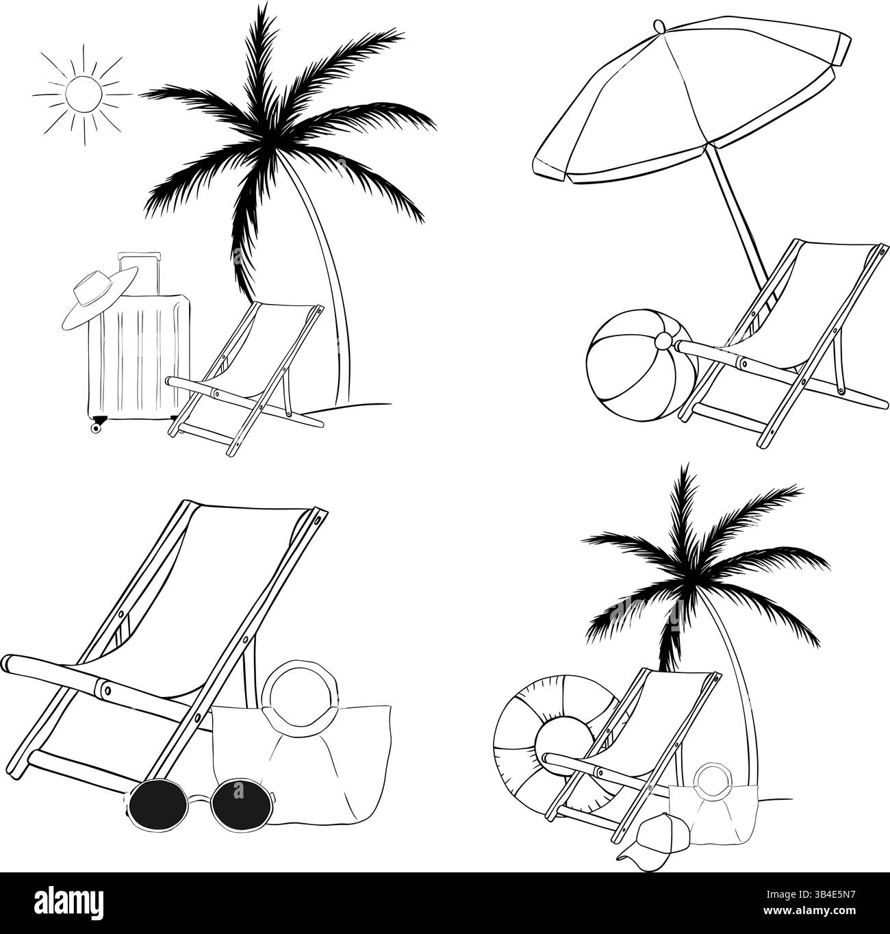 Parasol, chaise, ensemble de composition de balle. Illustration vectorielle d'encre de ligne graphique. illustration d'objets et de jouets pour paquet, conception de vacances, tissu Illustration de Vecteur
