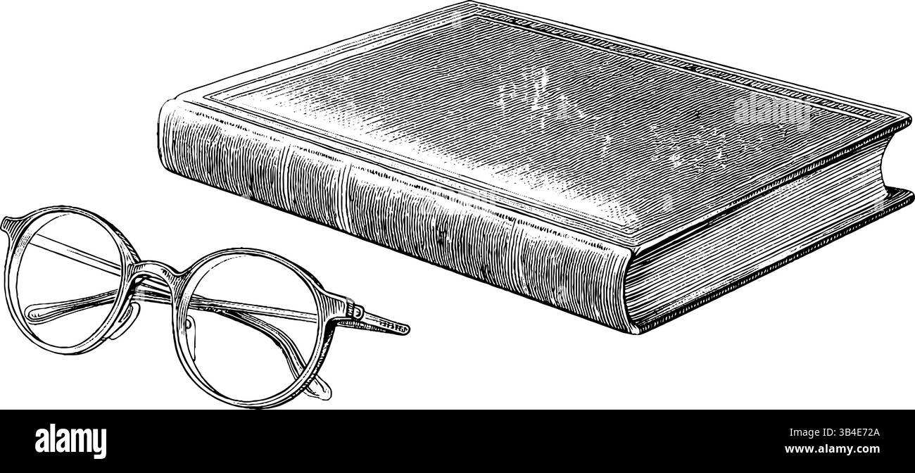 Illustration gravée vintage de manuels scolaires et de lunettes pour la conception académique et les thèmes de l'éducation. Illustration de Vecteur