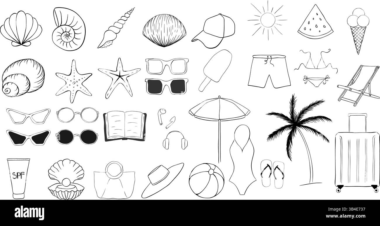 Ensemble vectoriel d'icônes de ligne de vacances. ballon de plage, casquette, sac, lunettes de soleil, maillot de bain, crème spf, palmier, chaise, coquillages, crème glacée. Pour affiche, flyer, b Illustration de Vecteur