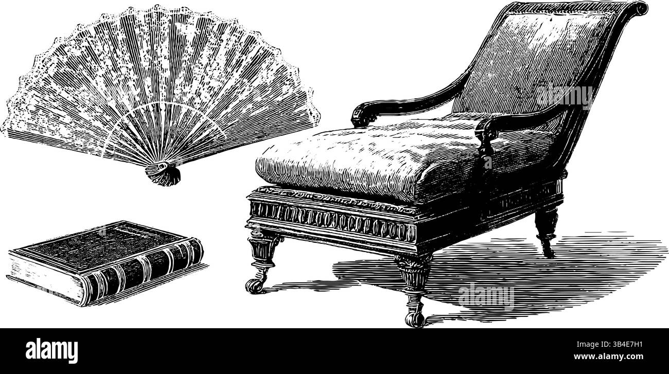 Illustration gravée vintage de chaise longue avec meubles laqués et accessoires. Illustration de Vecteur