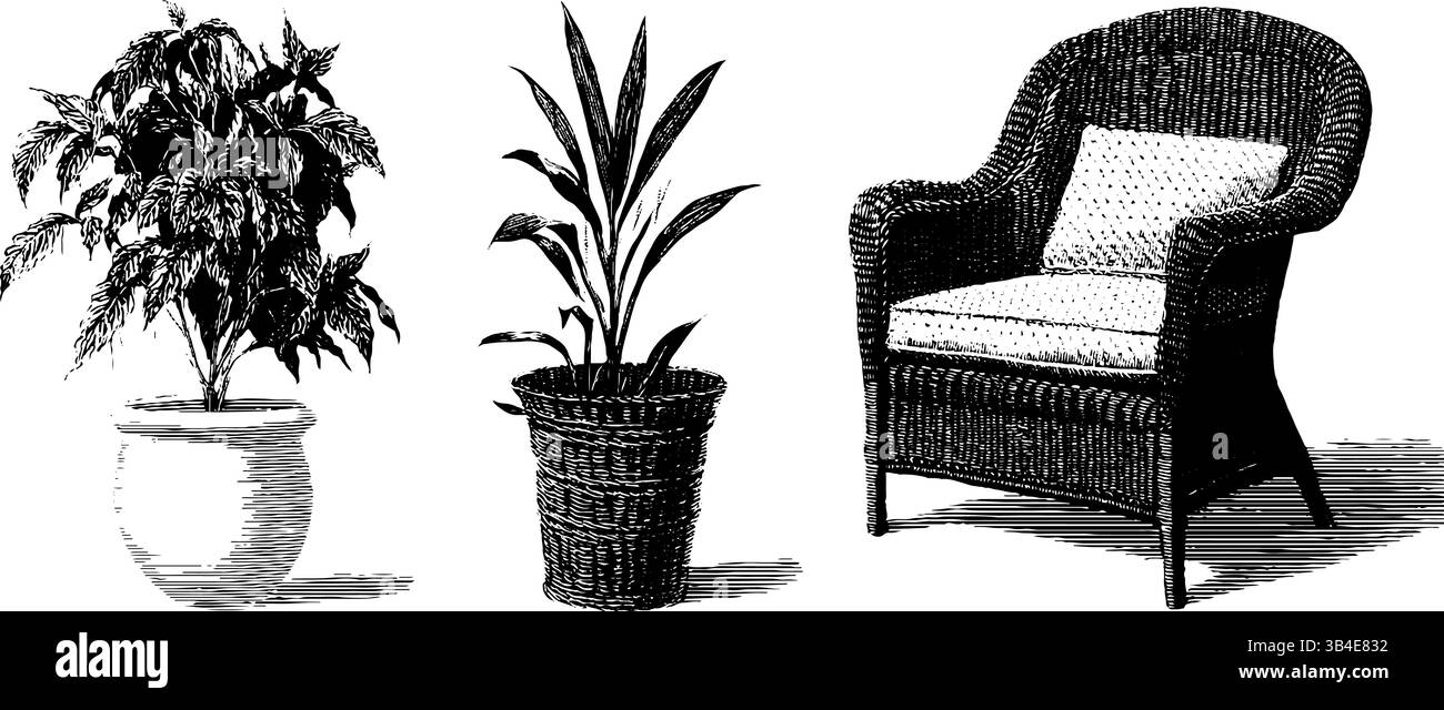 Élégante chaise en osier et jardinières en dentelle gravé ensemble de design pour la décoration de la maison. Illustration de Vecteur