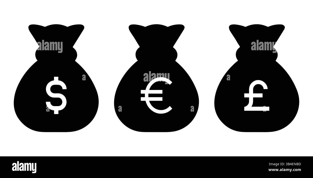 Sacs d'argent représentant le vecteur de devises USD, EUR et GBP. Vecteur d'icône silhouette de sac d'argent Illustration de Vecteur