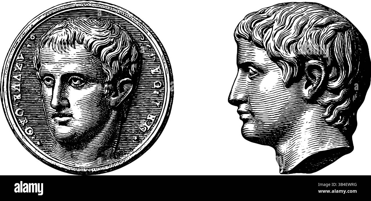 Pièce romaine antique et jeu de gravure de buste pour étude historique et utilisation de conception. Illustration de Vecteur