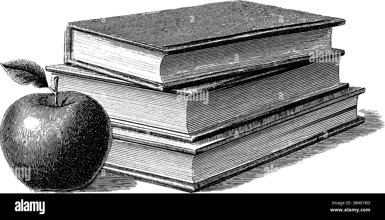 Gravure vintage de pile de livres avec pomme pour l'éducation et les thèmes d'apprentissage. Illustration de Vecteur