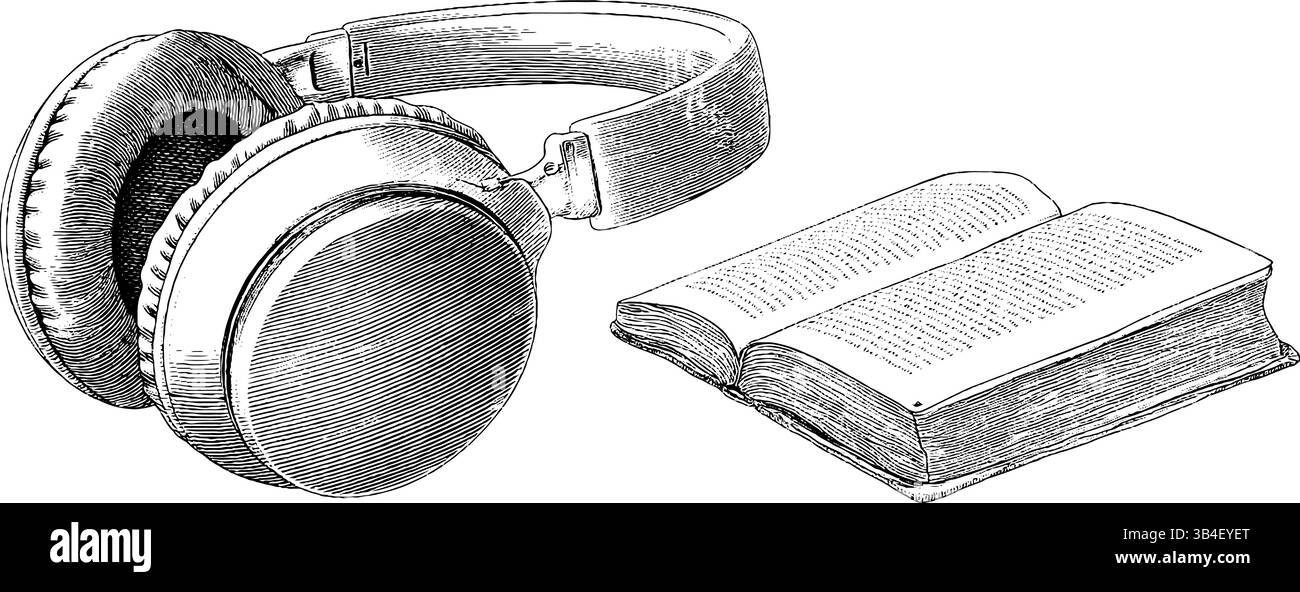 Illustration gravée d'écouteurs et livre ouvert pour les amateurs de musique et de lecture. Illustration de Vecteur