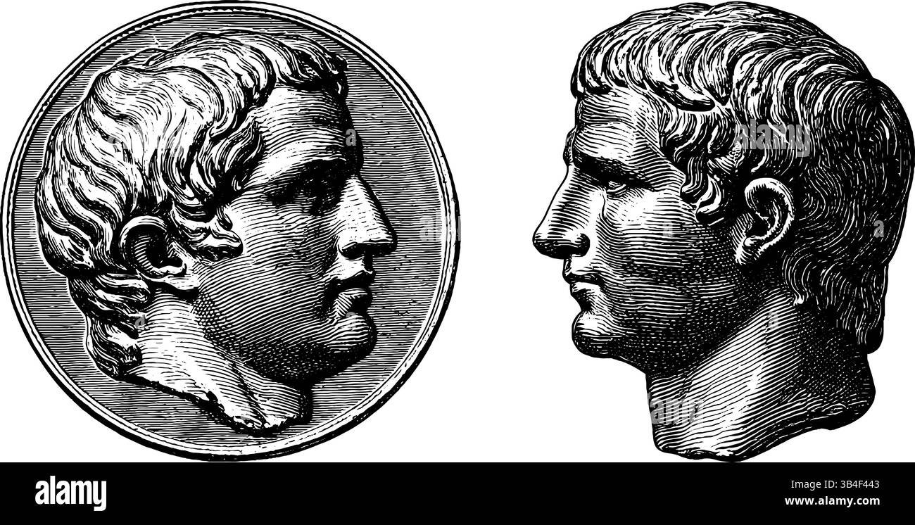 Artefacts romains classiques : pièce de monnaie gravée et illustration de buste pour la conception historique. Illustration de Vecteur