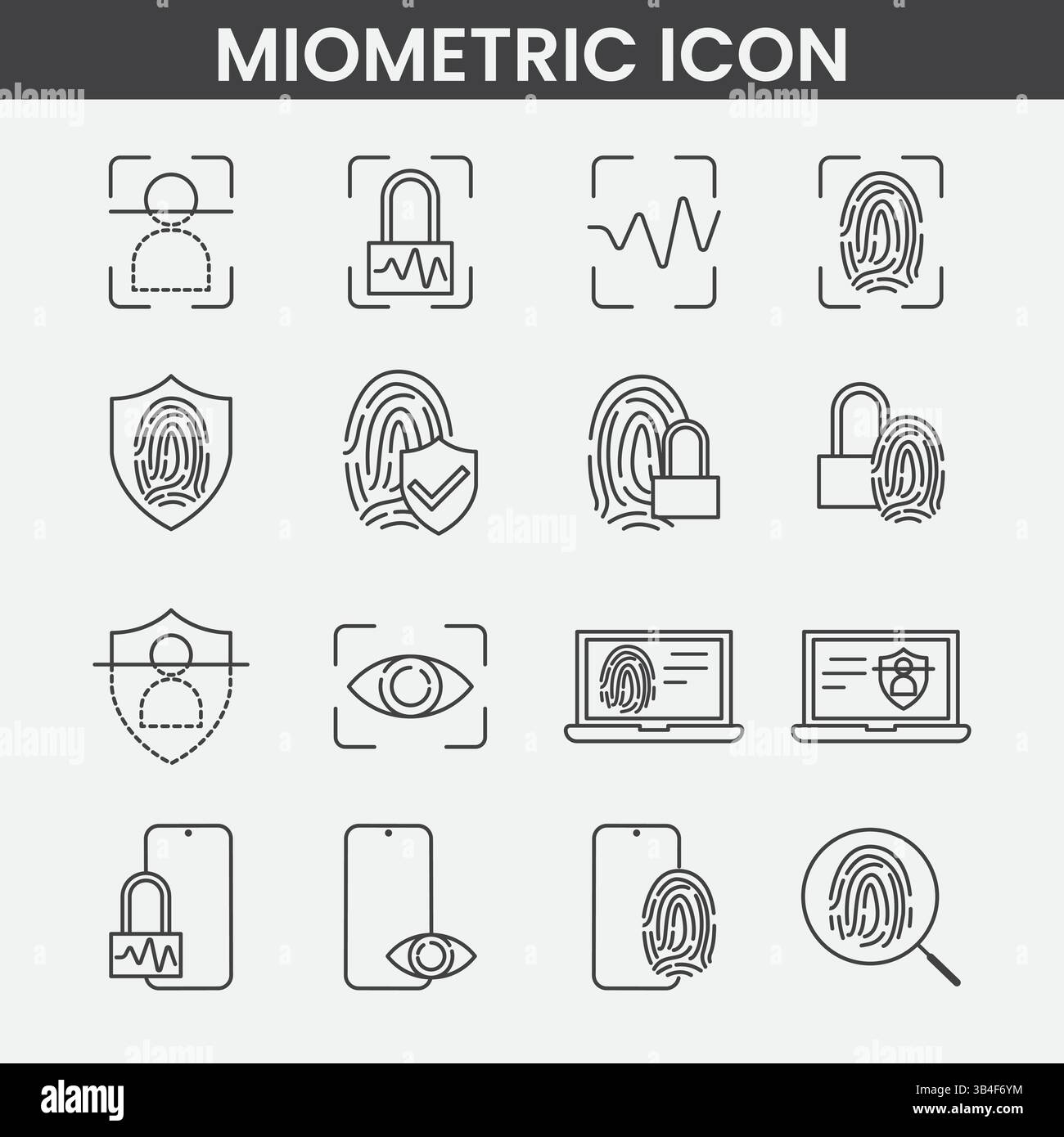 Jeu d'icônes biométriques minimalistes : empreinte digitale, balayage du visage, ID des yeux et symboles de sécurité numérique dans le style vectoriel noir et blanc Illustration de Vecteur