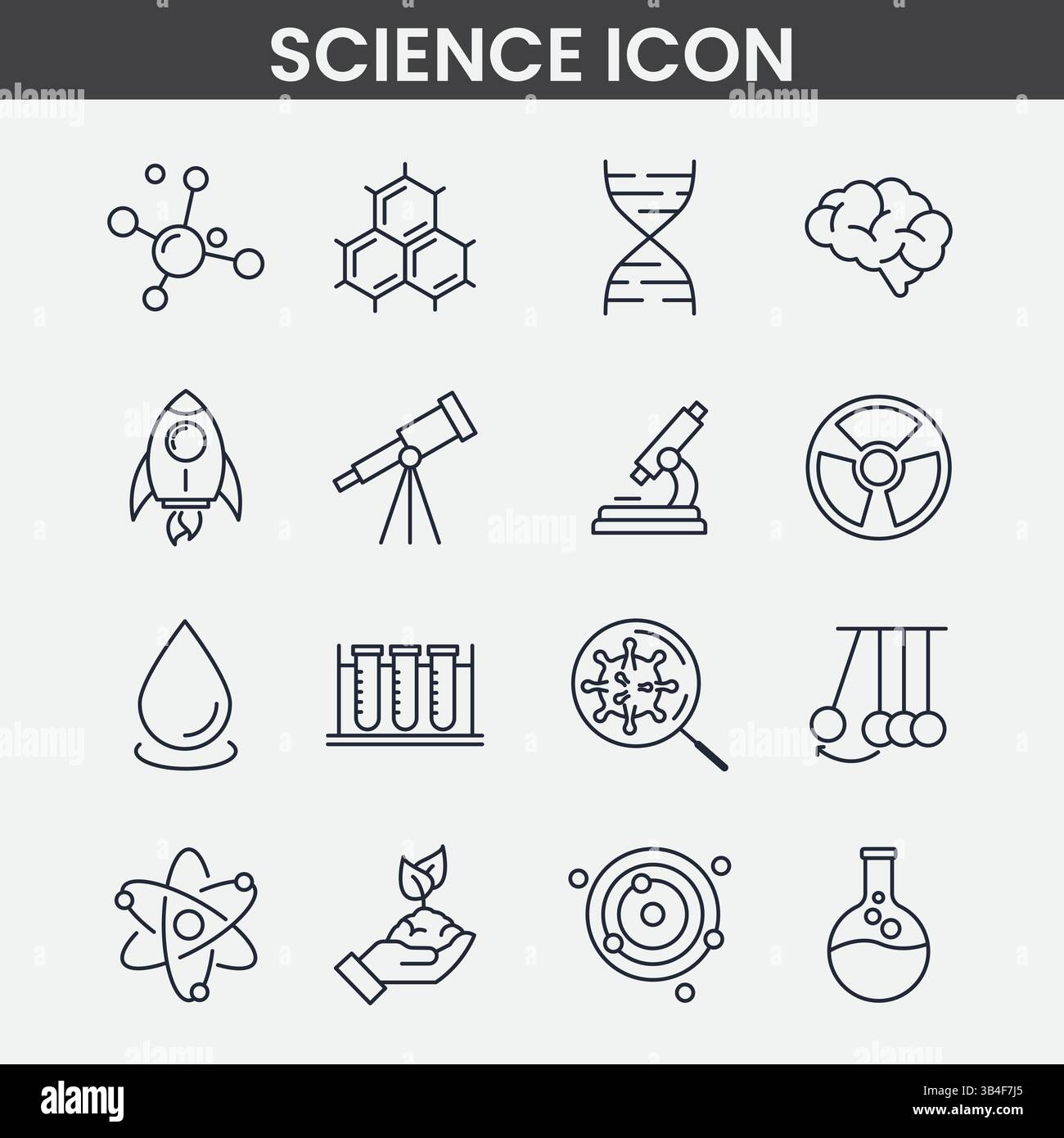 Ensemble d'icônes de science minimalistes dessins en noir et blanc d'ADN, d'atome, d'équipement de laboratoire et de symboles éducatifs - graphiques vectoriels Illustration de Vecteur