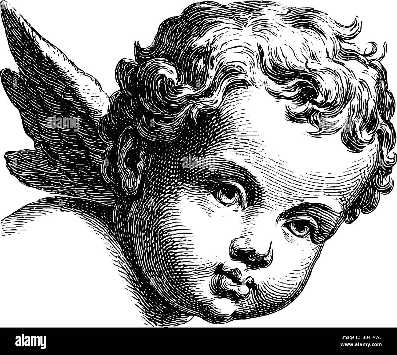 Putto chérubien dans un style gravé avec des lignes grasses noires pour un design classique. Illustration de Vecteur