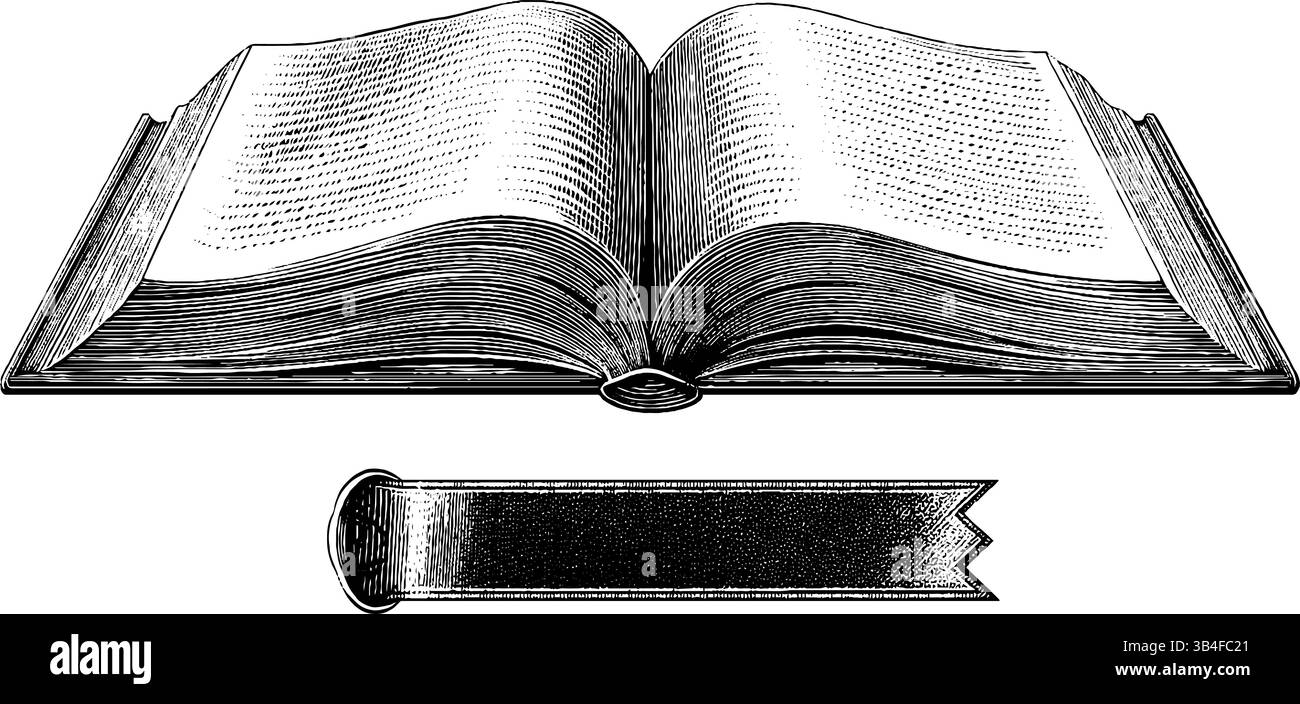 Illustration gravée vintage de livre ouvert et marque-page pour la conception littéraire. Illustration de Vecteur