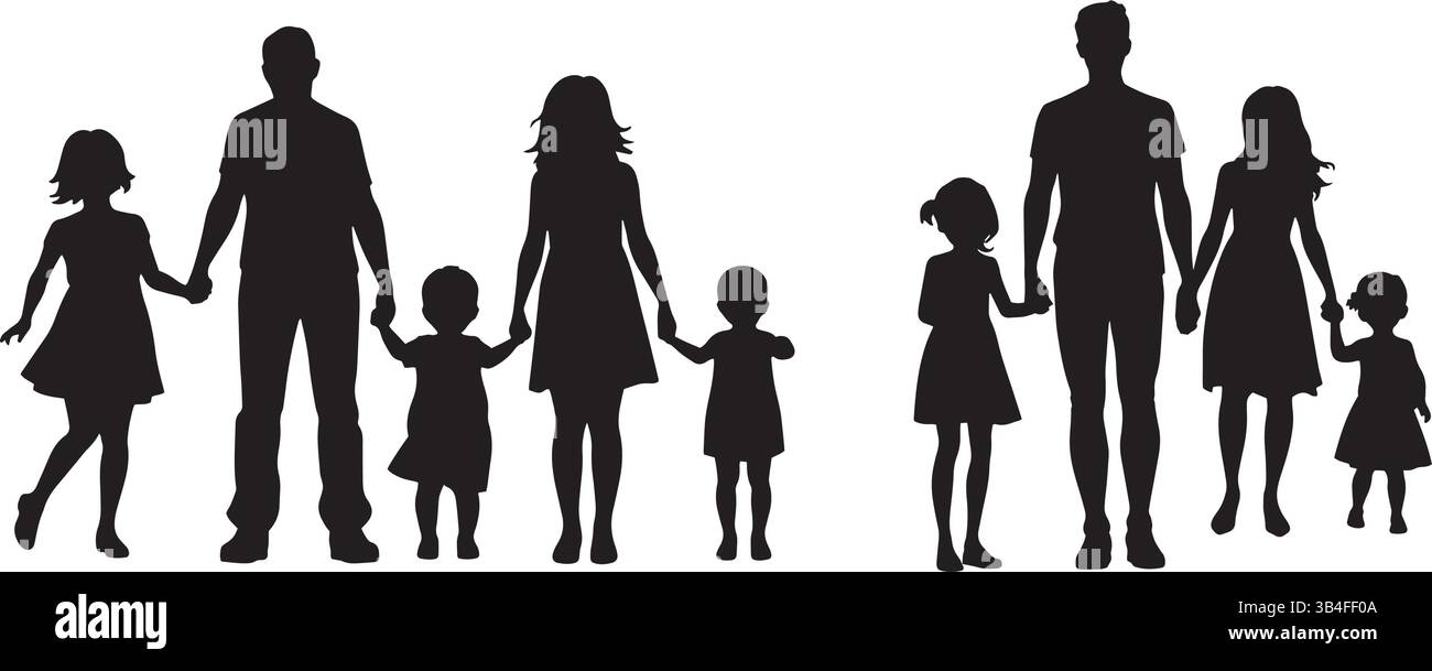 Silhouettes de famille en noir et blanc – illustration vectorielle de parents et d'enfants dans des poses debout Illustration de Vecteur