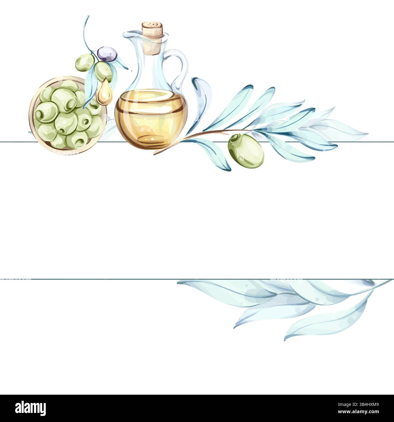 Explorer la beauté des olives et de l'huile d'olive à l'aquarelle avec une touche de cadre de cuisine italienne, frontière, arrangement Illustration de Vecteur