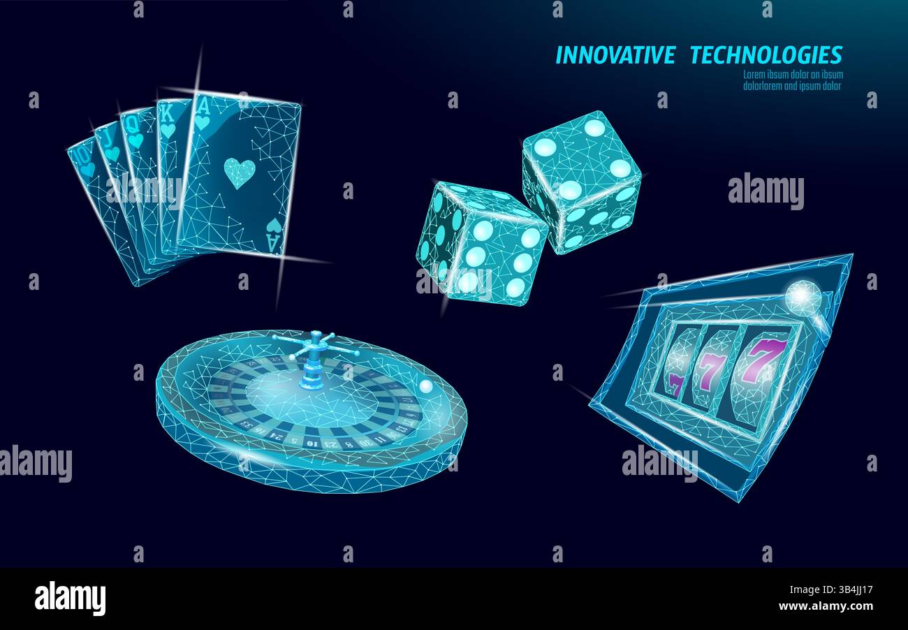 Les éléments de casino numérique définissent un design futuriste. Cartes à jouer, dés, roue de roulette, machine à sous visible. Divertissement d'application de jeu en ligne Illustration de Vecteur