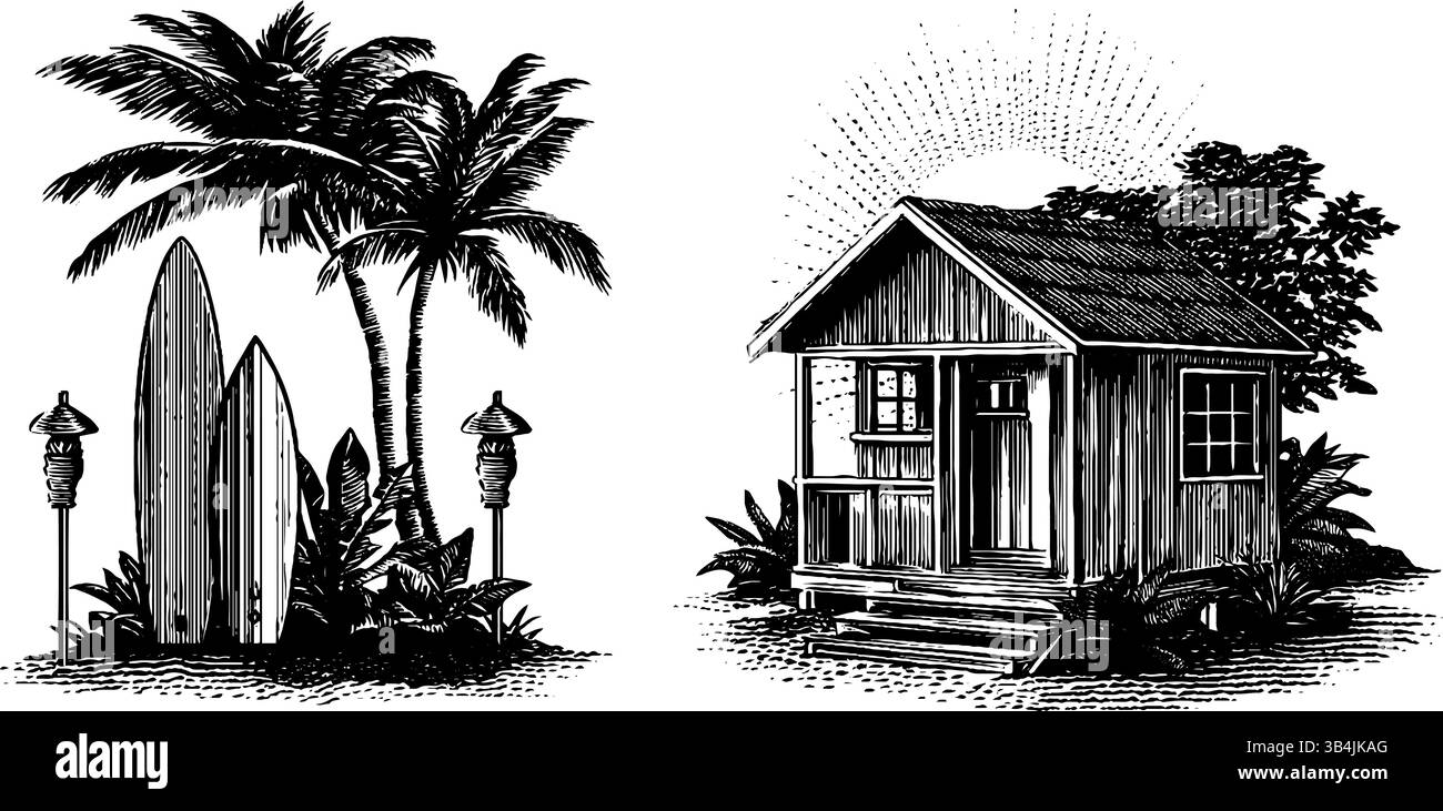 Thème côtier vintage avec cabane de plage gravée et planches de surf pour un décor nautique. Illustration de Vecteur