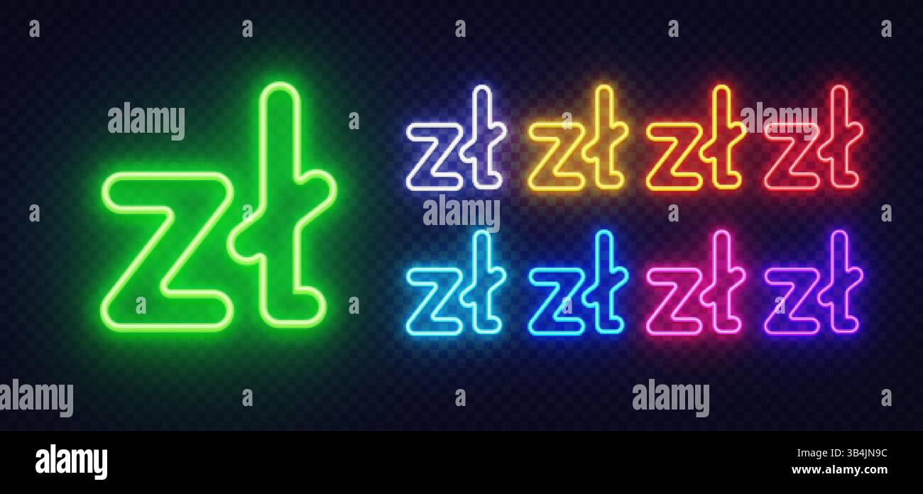 Icône de devise Zloty dans le néon lumineux avec lettre verte centrale et doublons colorés. Chaque variation brille dans une teinte distincte avec un fort contraste. Illustration de Vecteur