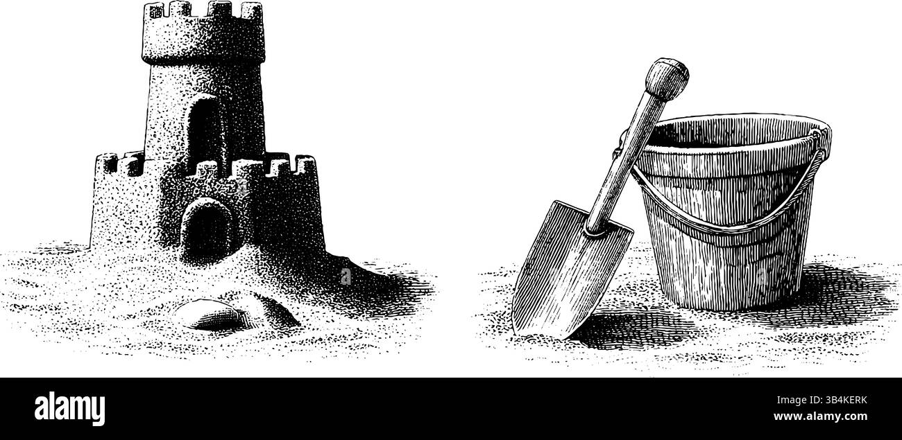 Fun de plage vintage avec gravure de château de sable et seau pour un design créatif. Illustration de Vecteur