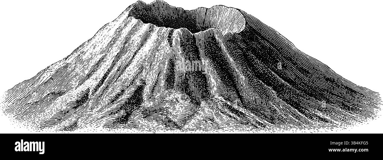 Illustration gravée complexe du volcan avec des lignes noires audacieuses. Illustration de Vecteur