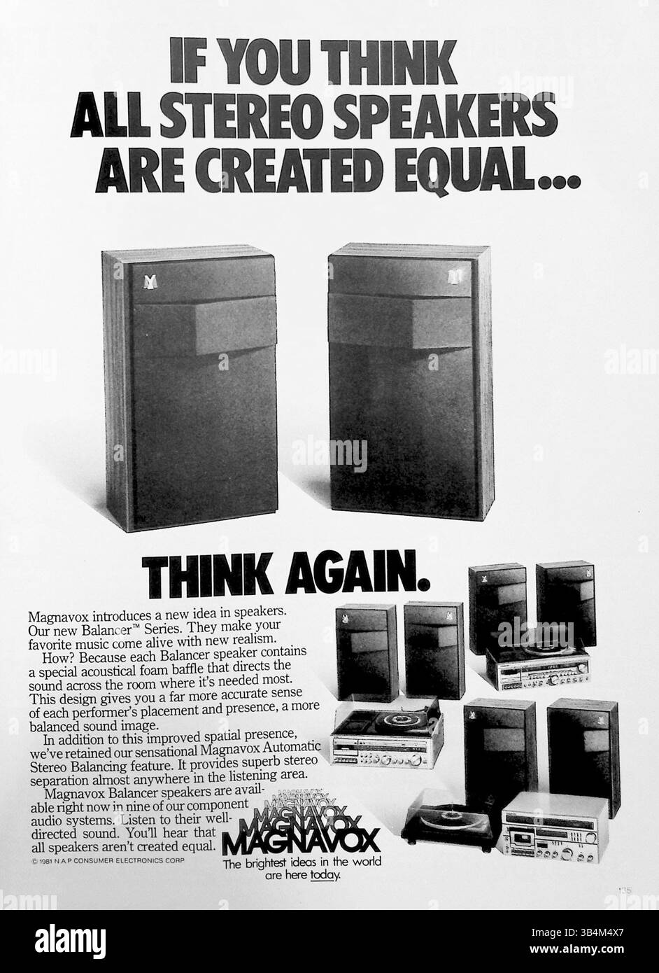 Dans cette publicité de 1981 Magnavox présente une série de haut-parleurs révolutionnaire qui améliore la qualité sonore, façonnant votre expérience audio de manière unique. Banque D'Images