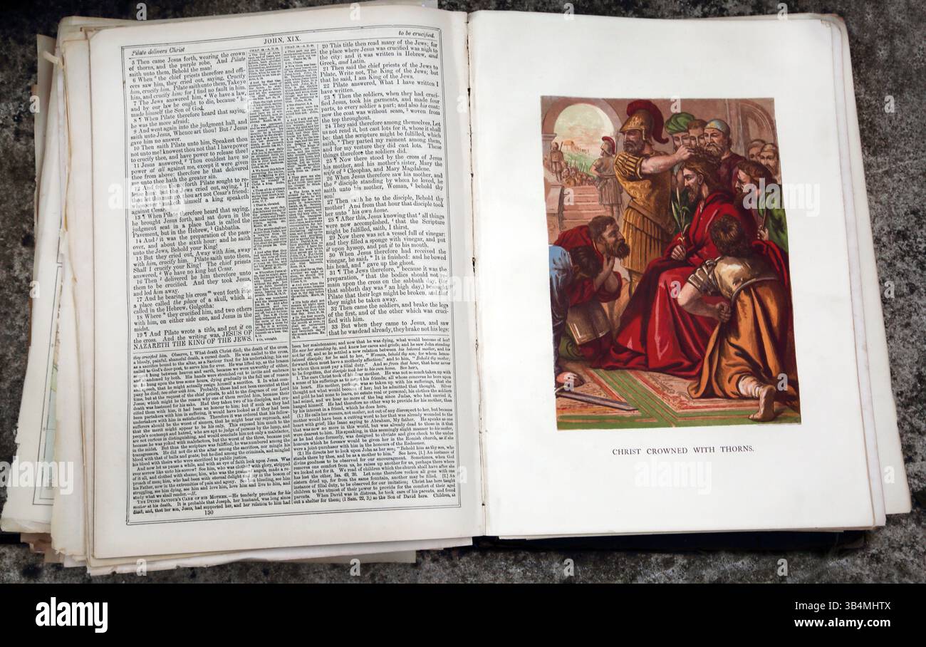 Illustration du Christ couronné d'épines (Évangile de Matthieu) Nouveau Testament de l'Antiquité 19ème siècle la Bible pratique et dévotionnelle de la famille avec Banque D'Images