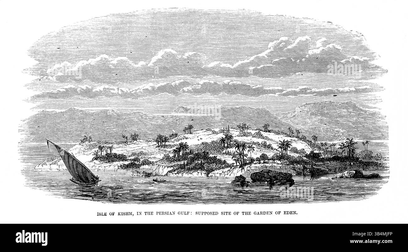 Illustration de l'île de Kishm (Qeshm) dans le golfe Persique supposé site du jardin d'Eden du XIXe siècle antique la Sainte Bible contenant Banque D'Images