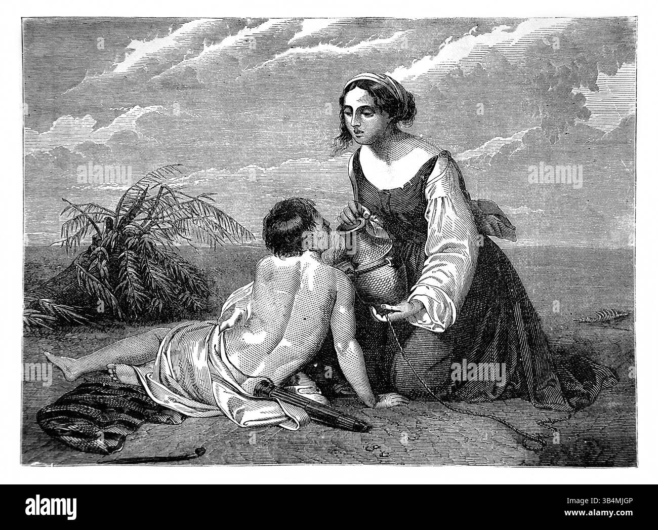 Illustration de Hagar donnant de l'eau à son fils Ismaël Hagar donnant de l'eau à son fils Ismaël de l'Antiquité 19ème siècle la Sainte Bible contenant l'ol Banque D'Images