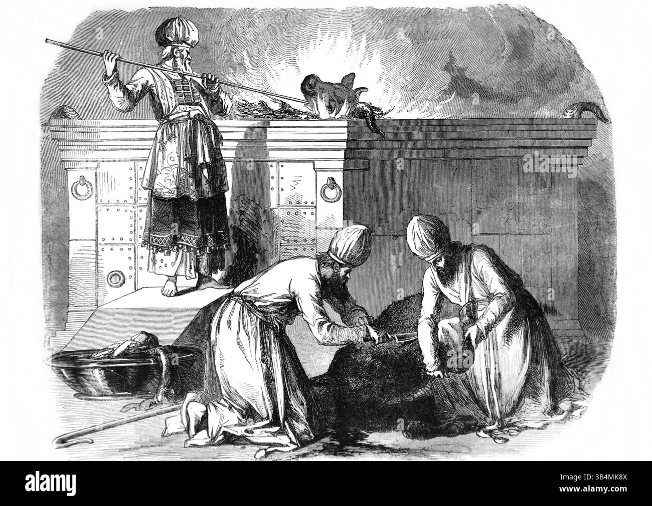 Illustration des grands prêtres à l'autel de l'holocauste (Exode) de l'Antiquité 19ème siècle la Sainte Bible contenant l'ancien et le Nouveau Testament wi Banque D'Images