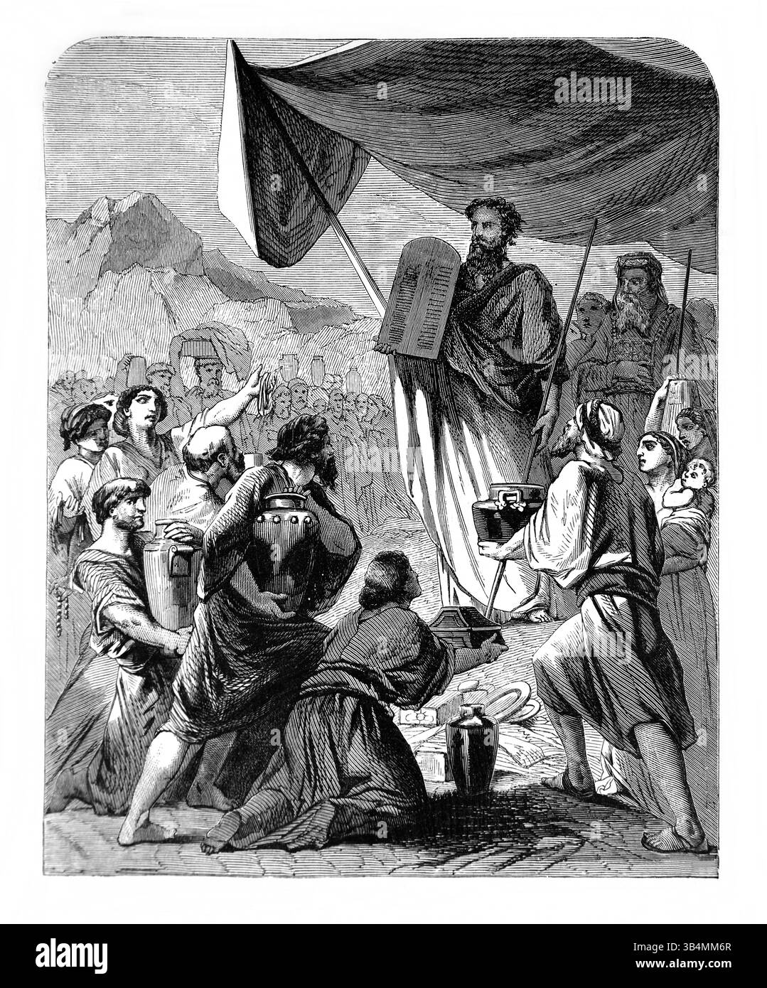 Illustration du peuple présentant des cadeaux à Moïse alors qu'il tient les dix Commandements de l'Antiquité 19ème siècle la Sainte Bible contenant l'ancien Banque D'Images