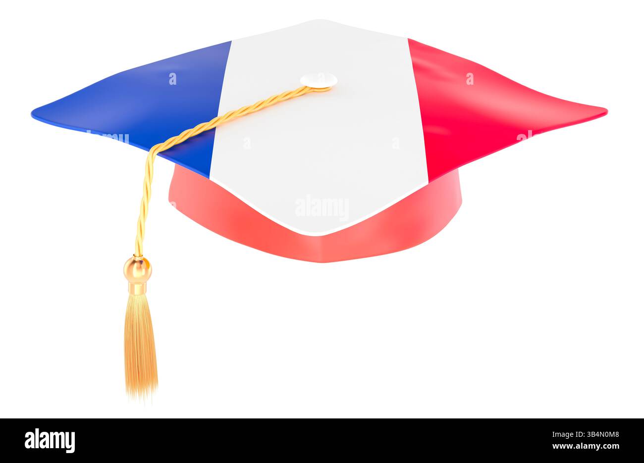 Casquette de graduation avec drapeau français. Éducation en France ou apprendre la langue française, concept. Rendu 3D isolé sur fond blanc Banque D'Images