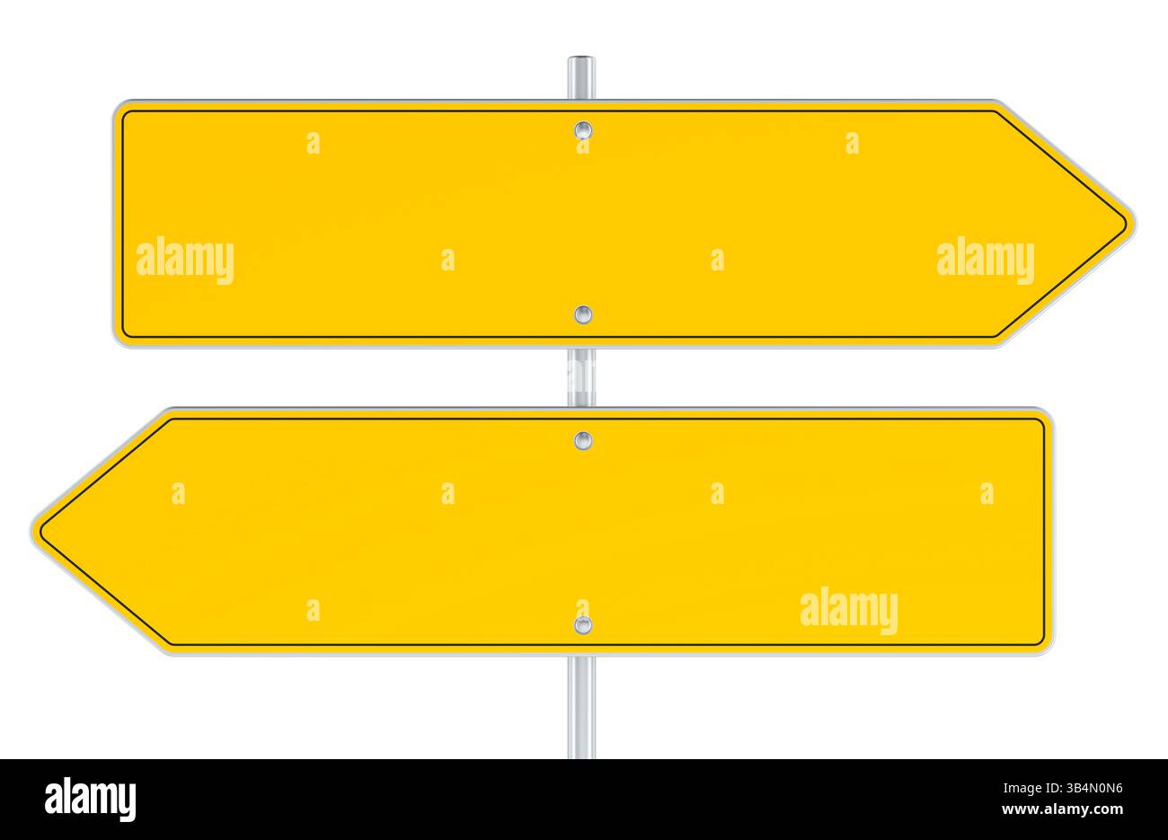 Deux flèches vides de signalisation routière jaune, panneaux de signalisation opposés, rendu 3D isolé sur fond transparent Banque D'Images