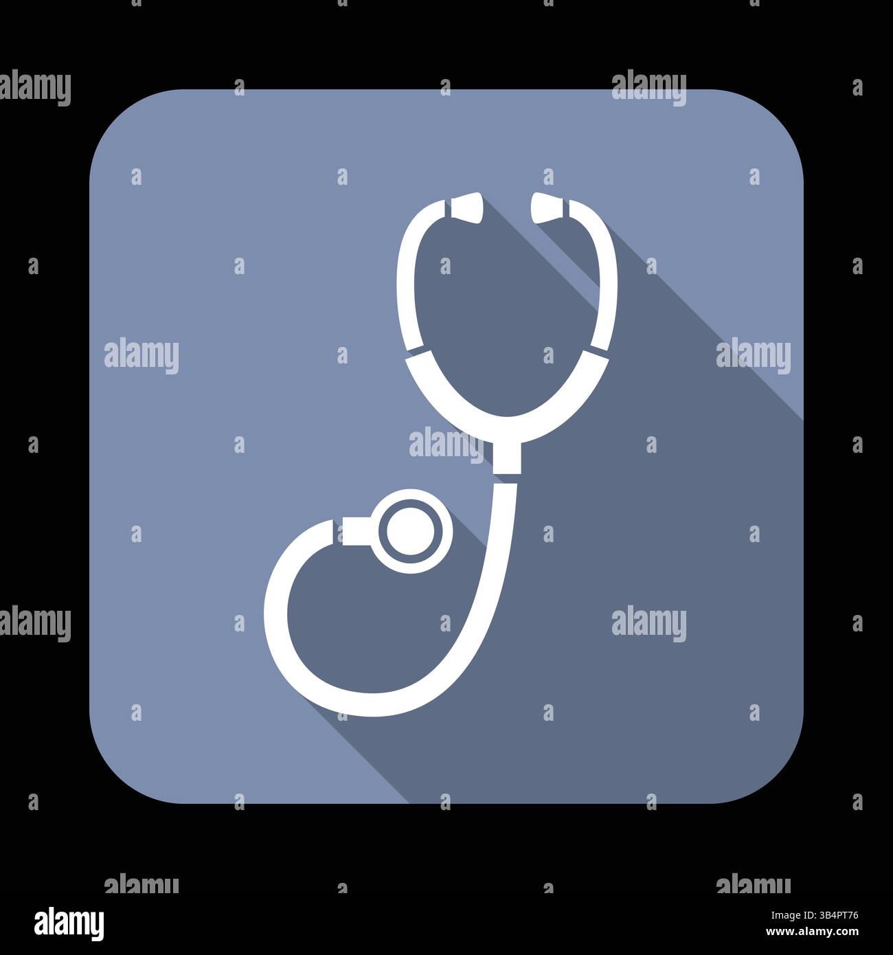 Icône de stéthoscope blanc sur fond carré bleu avec effet d'ombre long symbolisant les soins de santé, l'équipement médical et le diagnostic Illustration de Vecteur