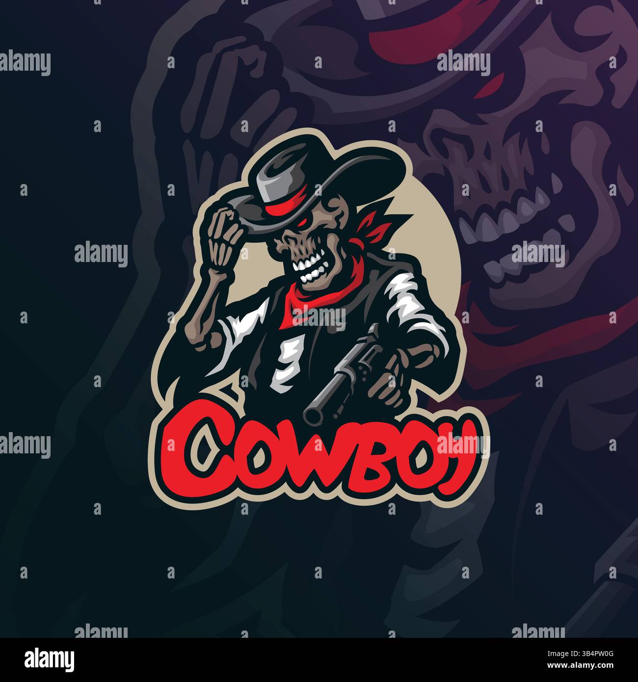 Conception de logo de mascotte de cowboy avec style de concept d'illustration moderne pour l'impression de badge, emblème et t-shirt. Illustration de cow-boy de crâne. Illustration de Vecteur