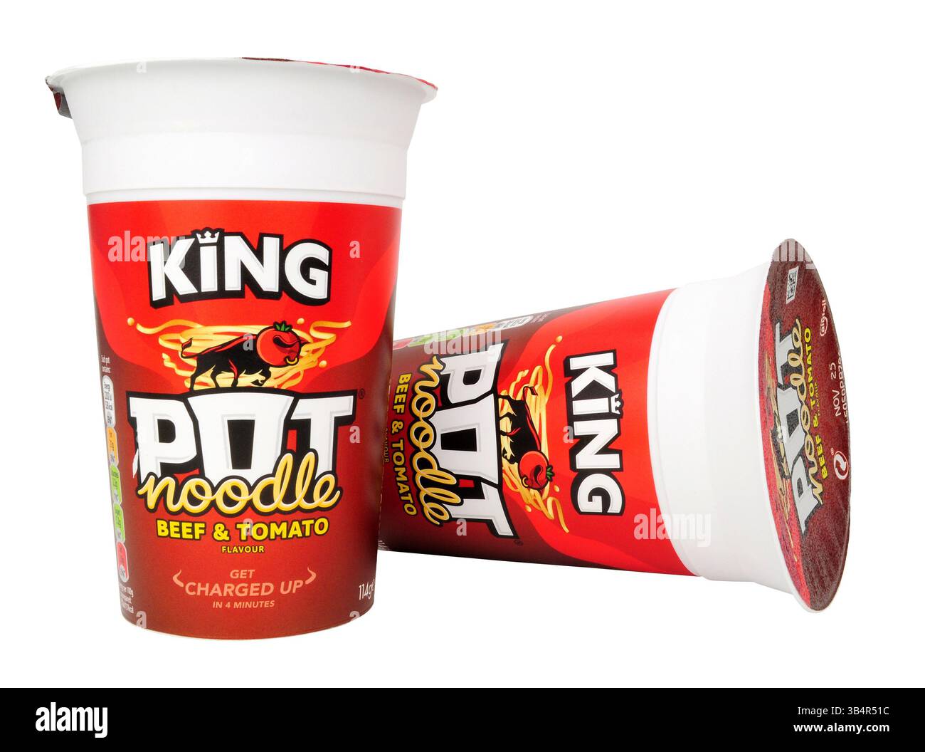 King pot nouilles saveur boeuf et tomate collation instantanée nouilles dans un pot de 114 g. Banque D'Images