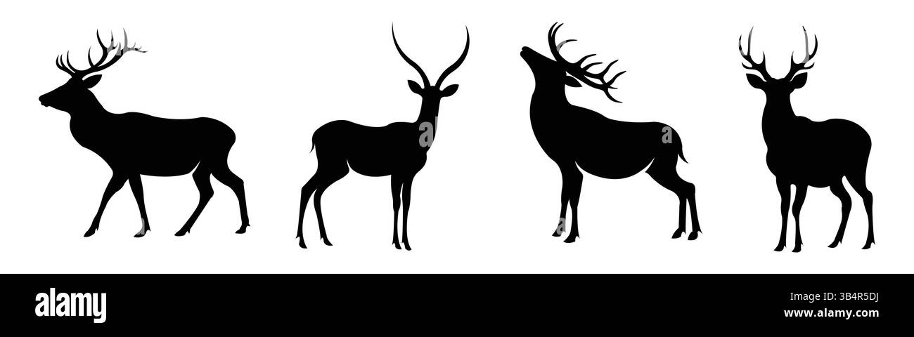 Silhouette ensemble de cerfs et Stags avec Antlers dans différentes poses Illustration de Vecteur