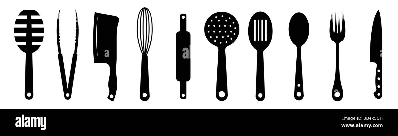 Silhouettes d'ustensiles de cuisine et d'outils de cuisine sur fond blanc Illustration de Vecteur