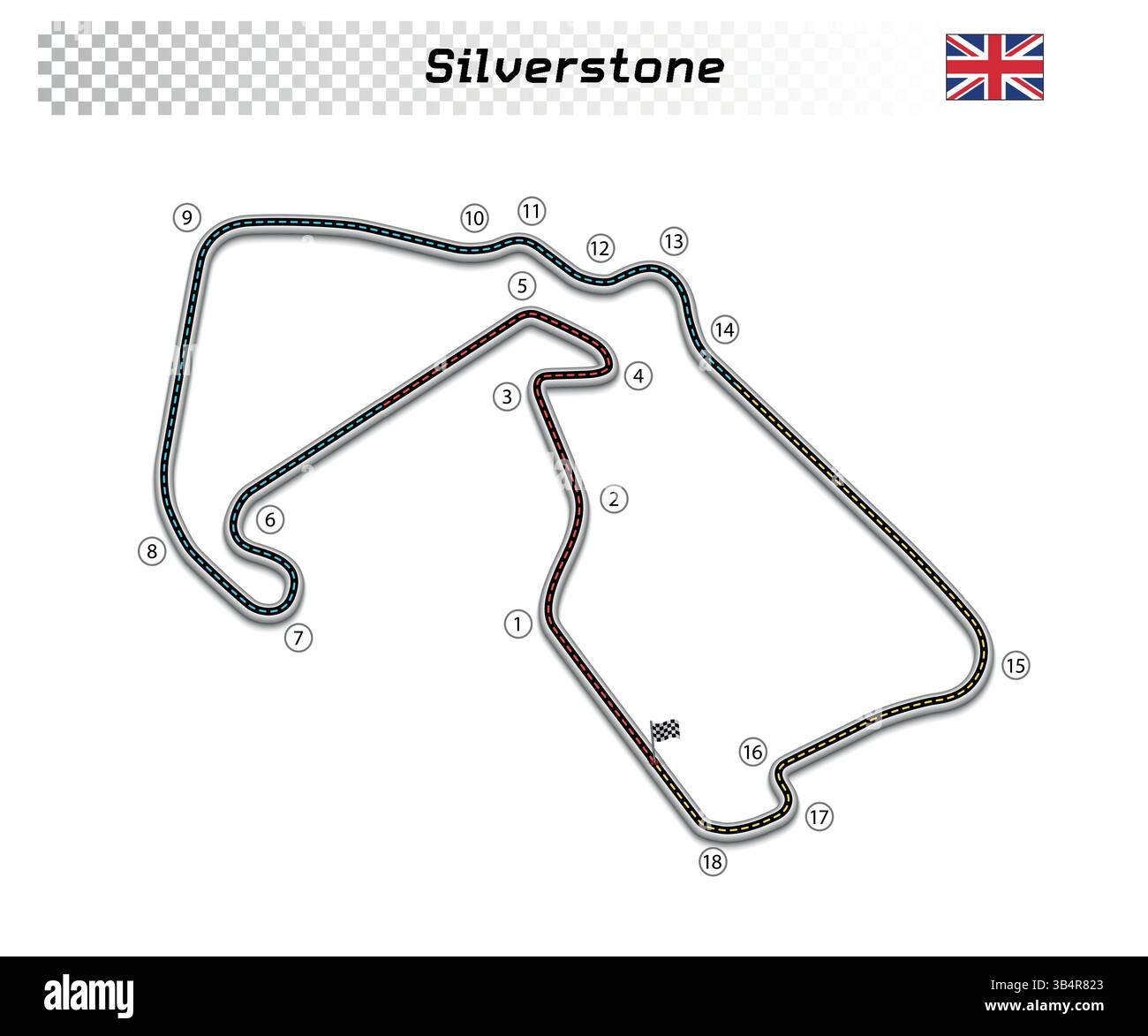 Circuit de Silverstone pour le sport automobile et d'autosport. British grand prix race track. Illustration de Vecteur