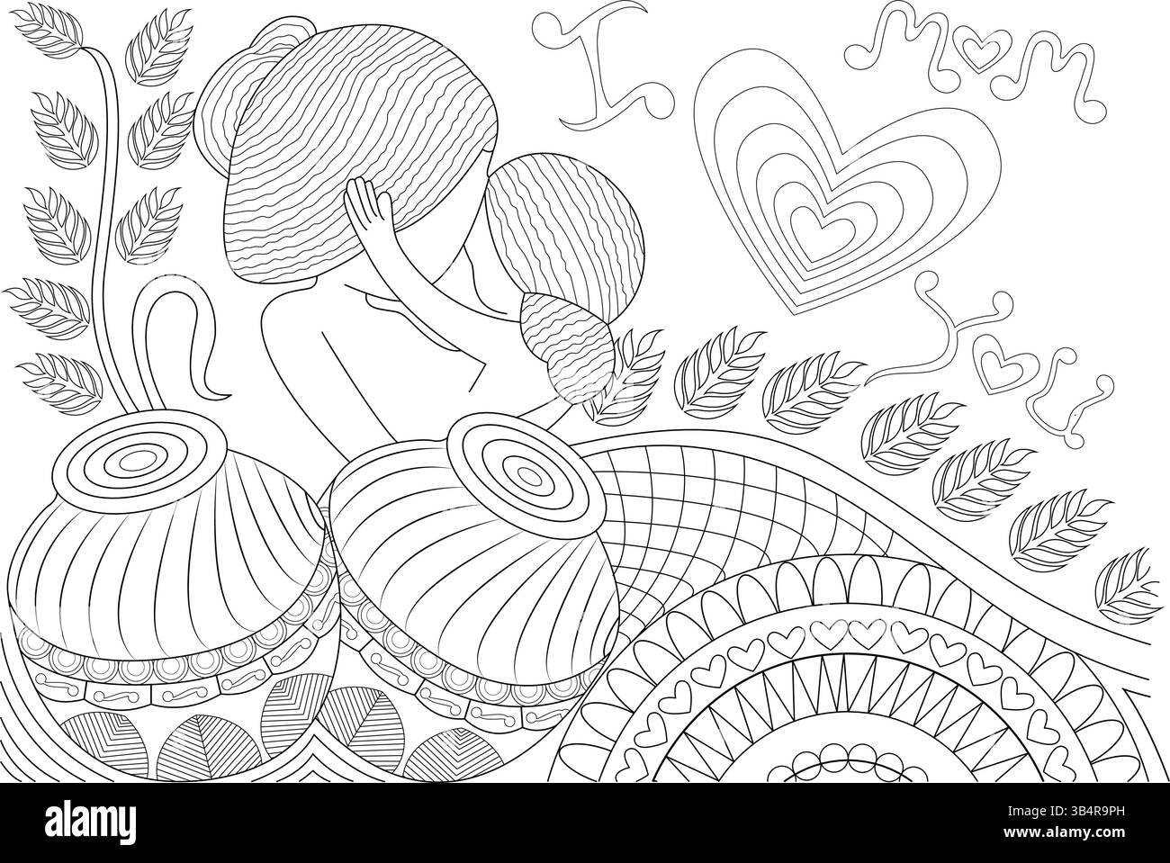 Coloriage de la fête des mères avec maman et enfant câlin Illustration de Vecteur