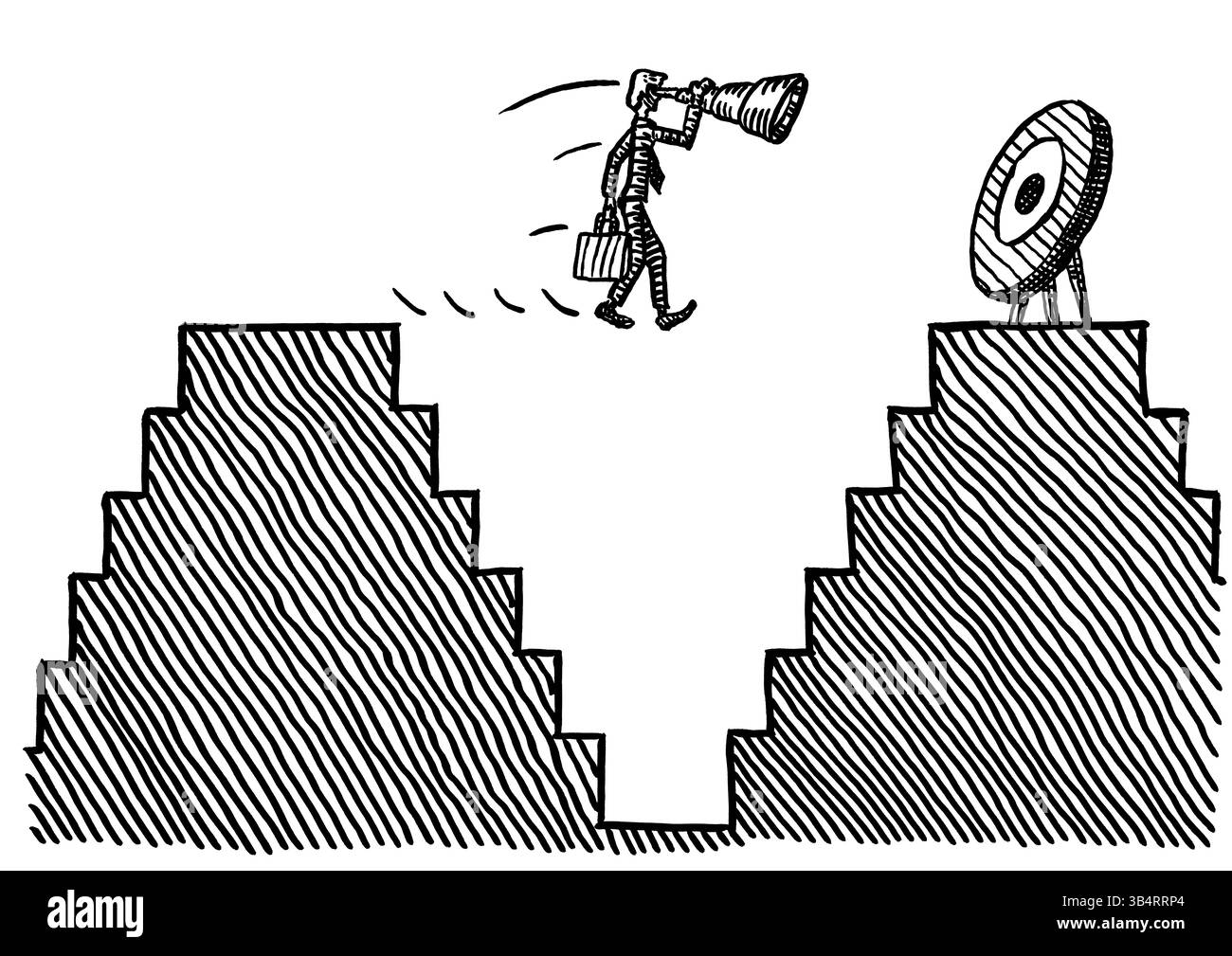 Dessin au stylo à main levée d'un homme visionnaire focalisé sur la cible regardant à travers le télescope, tout en somnambulant dans les airs à travers un ravin. Métaphore de v Banque D'Images