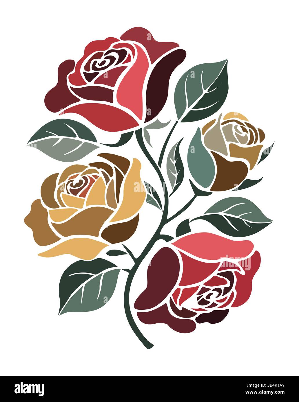 Bouquet de roses multicolores avec feuilles vertes, tige Illustration de Vecteur