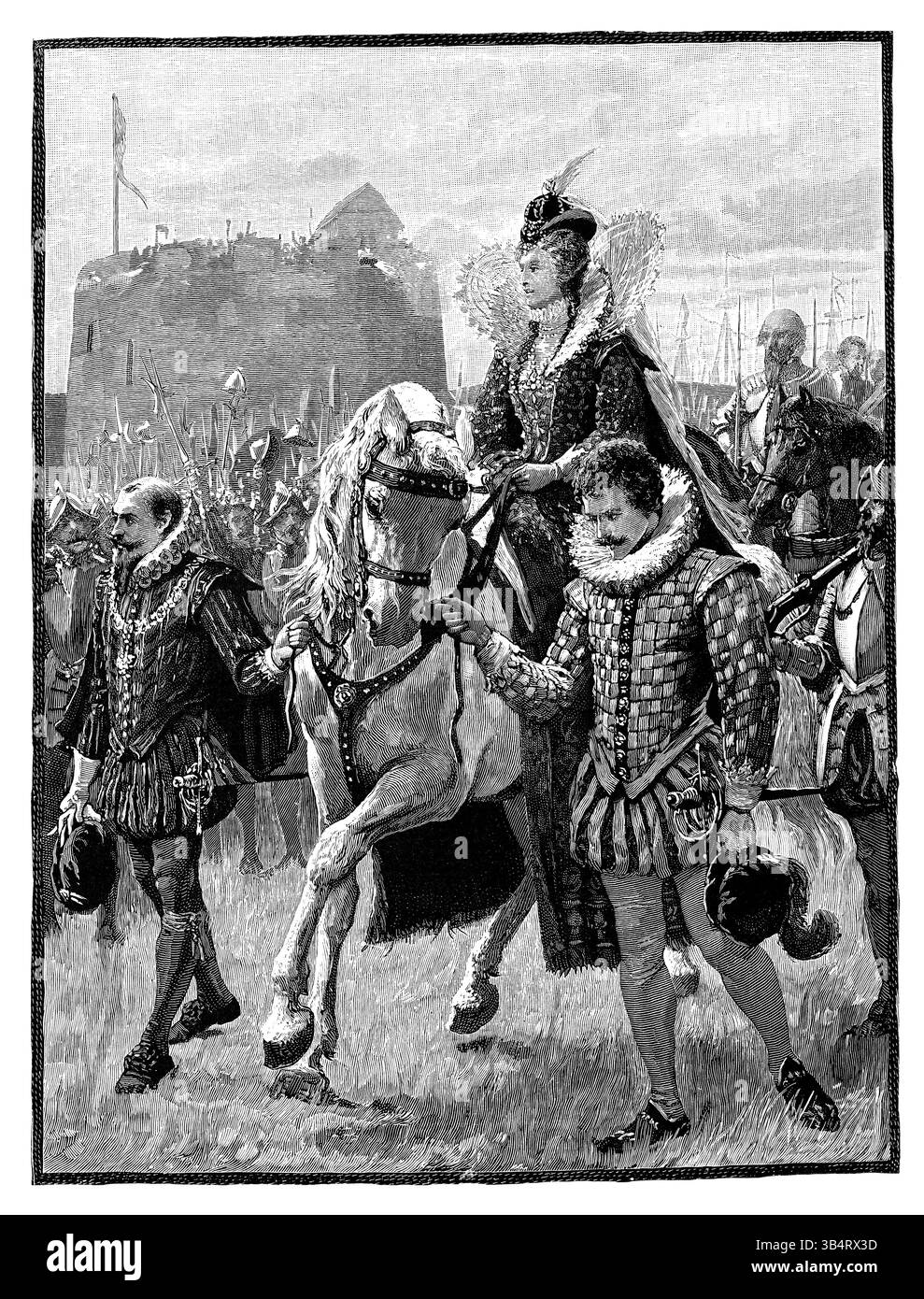 Gravure sur bois victorienne vintage de la reine Élisabeth Ire d'Angleterre à Tilbury dans l'Essex où elle prononça un discours aux troupes préparant l'Armada espagnole en 1588. Banque D'Images