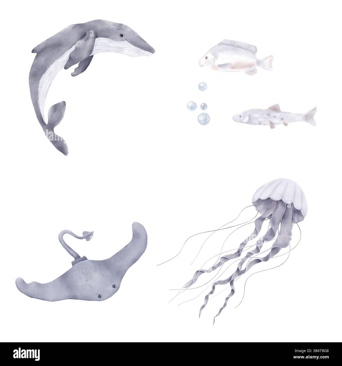 Baleine à bosse et raie d'océan, poissons, bulles d'air et méduses. Illustration aquarelle. Un ensemble d'animaux marins du monde sous-marin du Banque D'Images
