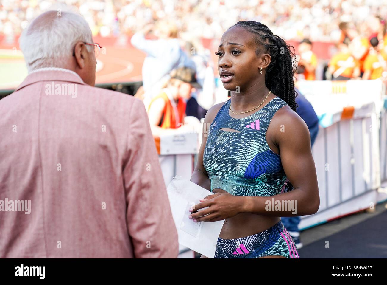 HENGELO, PAYS-BAS - 4 JUIN : N'Ketia Seedo des pays-Bas après avoir participé au 100m féminin lors des Jeux FBK 2023 au stade FBK le 4 juin 2023 à Hengelo, pays-Bas (photo de Rene Nijhuis/Agence BSR) Banque D'Images