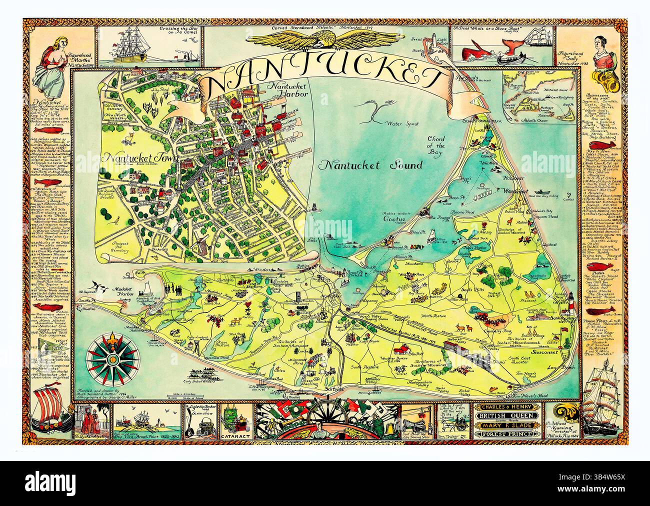 1946 carte illustrée de Nantucket, Massachusetts, carte picturale vintage, carte antique de l'île, cartographie historique de la Nouvelle-Angleterre Banque D'Images