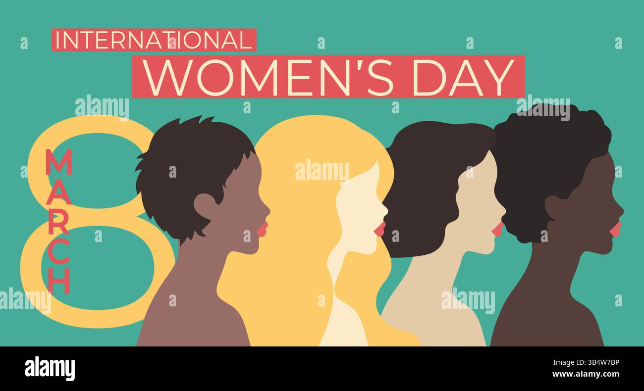 Bannière de la Journée internationale des femmes dans un style rétro avec des profils de femmes de différentes nationalités. Illustration vectorielle Illustration de Vecteur