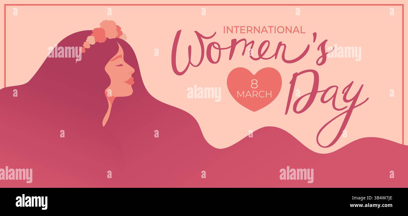 Bonne bannière de la Journée internationale des femmes avec belle femme aux cheveux longs en couronne de fleurs. Femme avec de longs cheveux coulants. Illustration vectorielle Illustration de Vecteur
