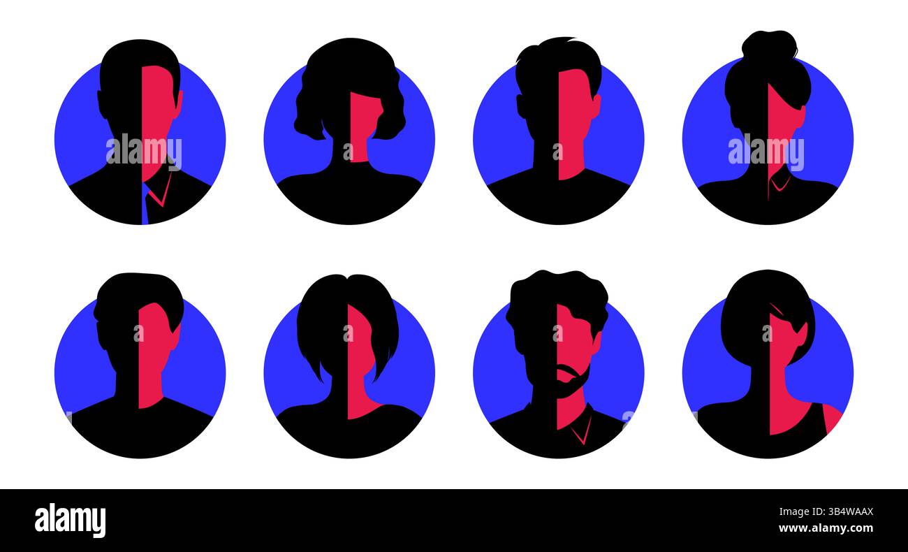 Ensemble d'icônes de portraits sans visage de femmes et d'hommes. Silhouettes de visage féminin et masculin adaptées aux profils anonymes, aux avatars ou aux icônes abstraites de genre Illustration de Vecteur